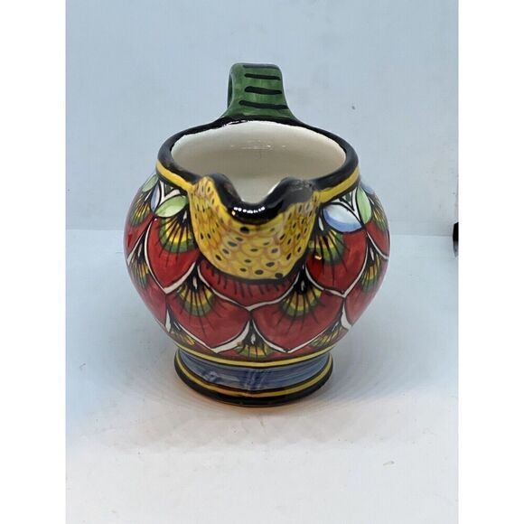 Geribi Deruta Italy Handpainted Peacock Design Small Creamer Red Green NWT - Picture 3 of 7